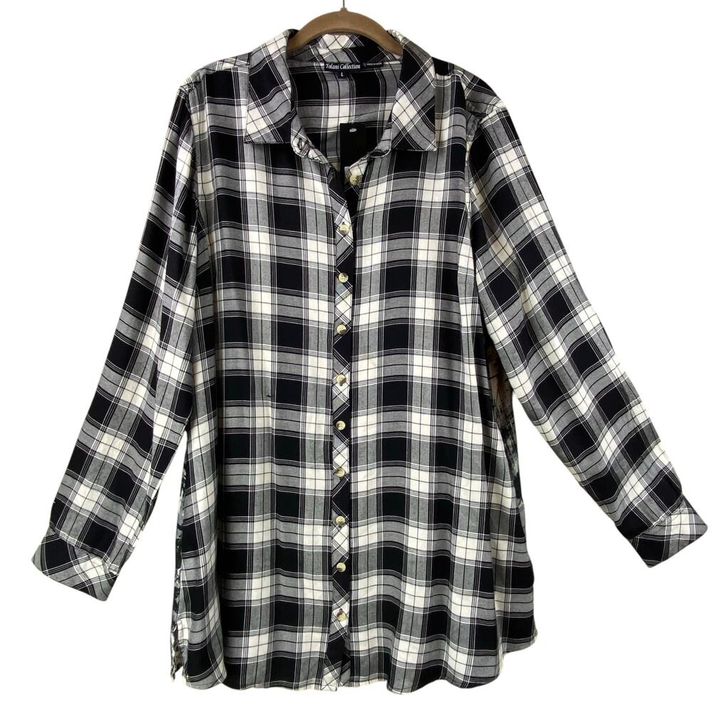 Tolani Neicy Plaid Blouse Tunic Size L Black White Boho Artsy New With Tags